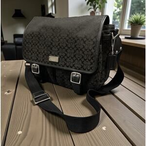COACH Logo Crossbody Messenger Bag Canvas Leather Black Vintage